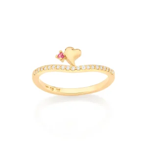Anel skinny com coração banhado a ouro com zircônias rosa e brancas