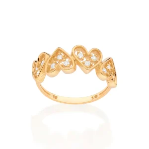 Anel skinny corações banhado a ouro 18k com zircônias Branco