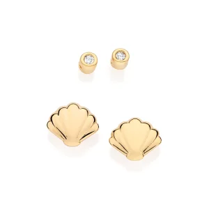 Kit brinco solitário e concha banhado a ouro 18k com zircônias Branco