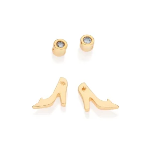 Kit brinco solitário e sapato cinderela banhado a ouro 18k com zircônias Azul claro