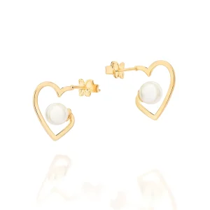 Brinco meia argola coração banhado a ouro 18k com pérola