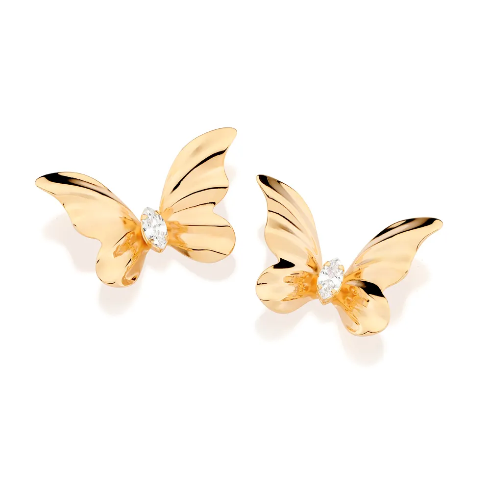 Maxi brinco borboleta banhado a ouro 18k com zircônias - tam.único