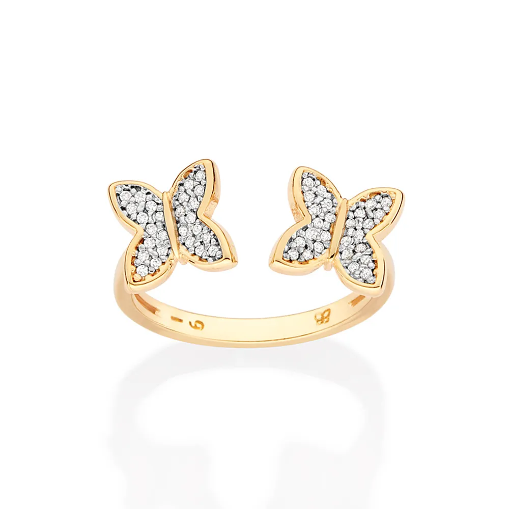 ANEL AJUSTÁVEL BORBOLETAS BANHADO A OURO 18K COM ZIRCÔNIAS E APLICAÇÃO DE RHODIUM (513565)