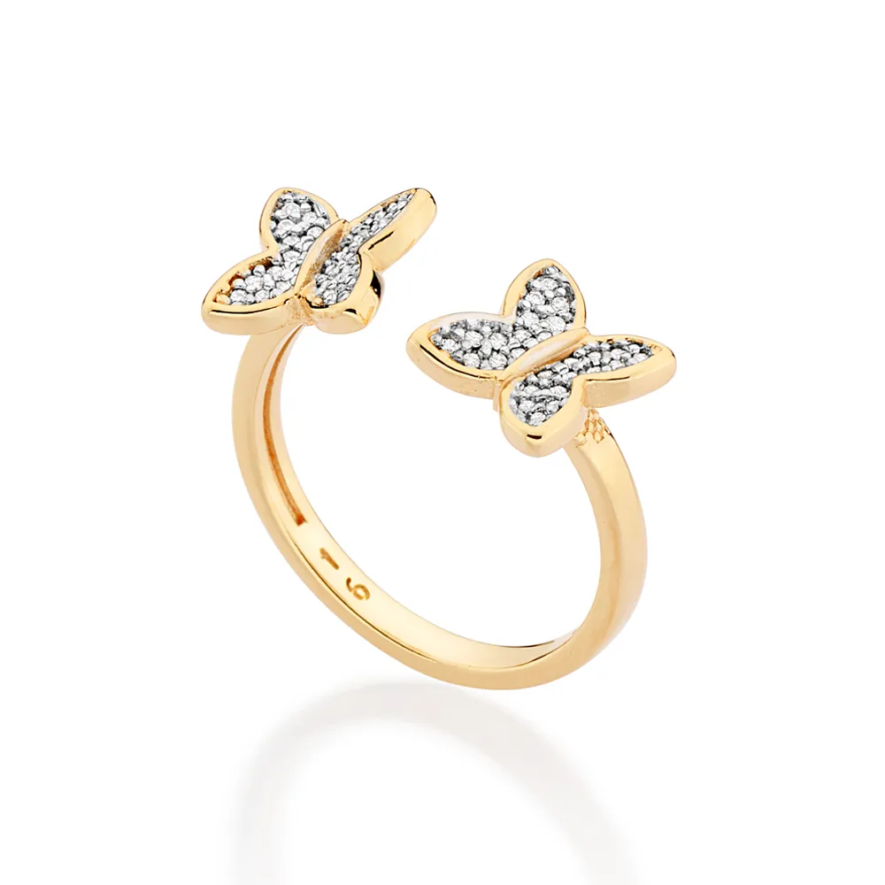 ANEL AJUSTÁVEL BORBOLETAS BANHADO A OURO 18K COM ZIRCÔNIAS E APLICAÇÃO DE RHODIUM (513565) - Image 2