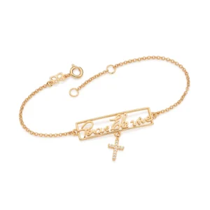PULSEIRA COM FRASE PORQUE ELE VIVE E CRUZ BANHADA A OURO 18K COM ZIRCÔNIAS - TAM.19 (552176)