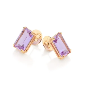 Brinco Solitário retangular banhado a ouro 18k com cristais Lilás 527517
